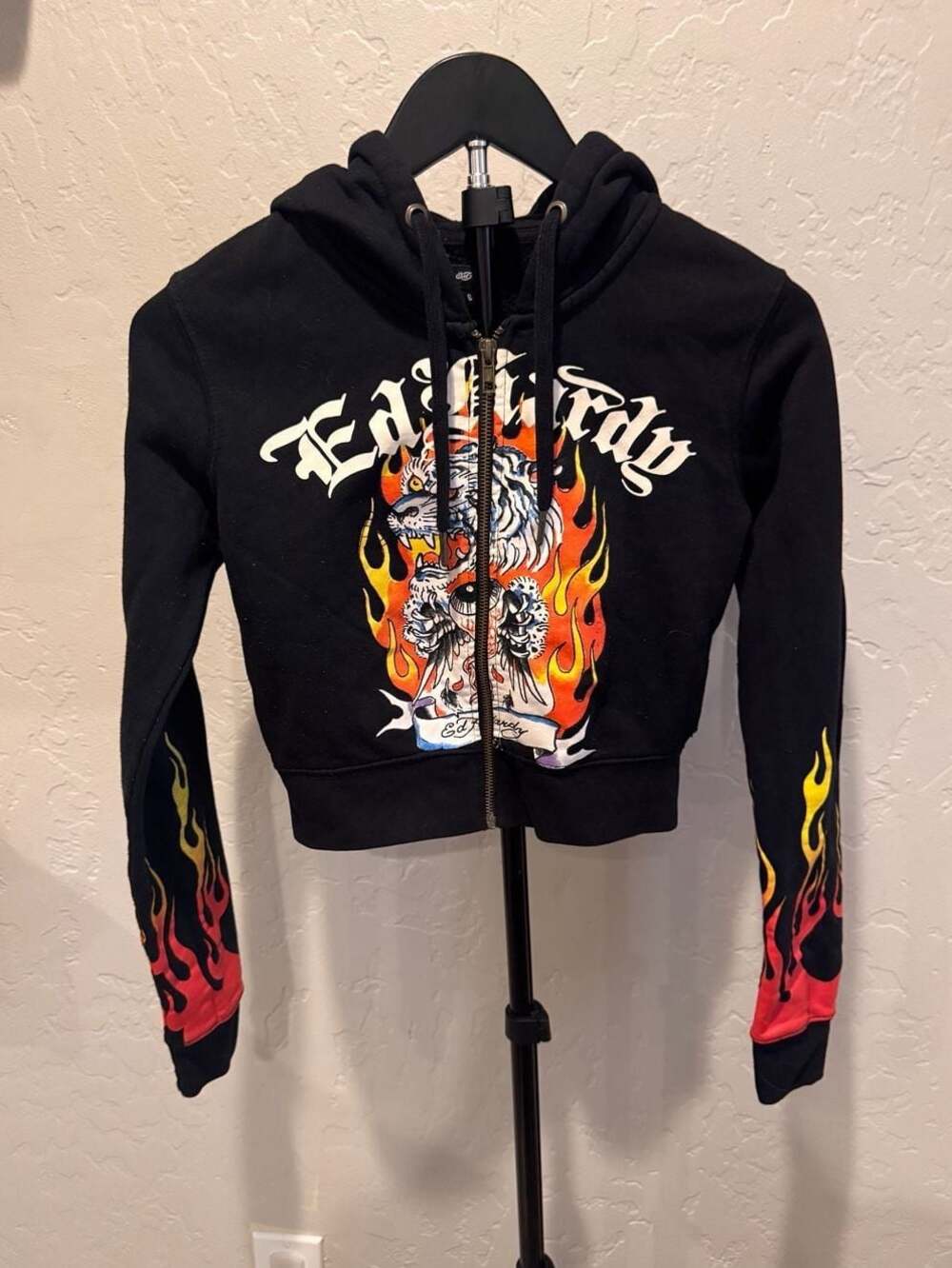 Ed Hardy Tiger Flame Women's Cropped Full-Zip Hoodie Size Small